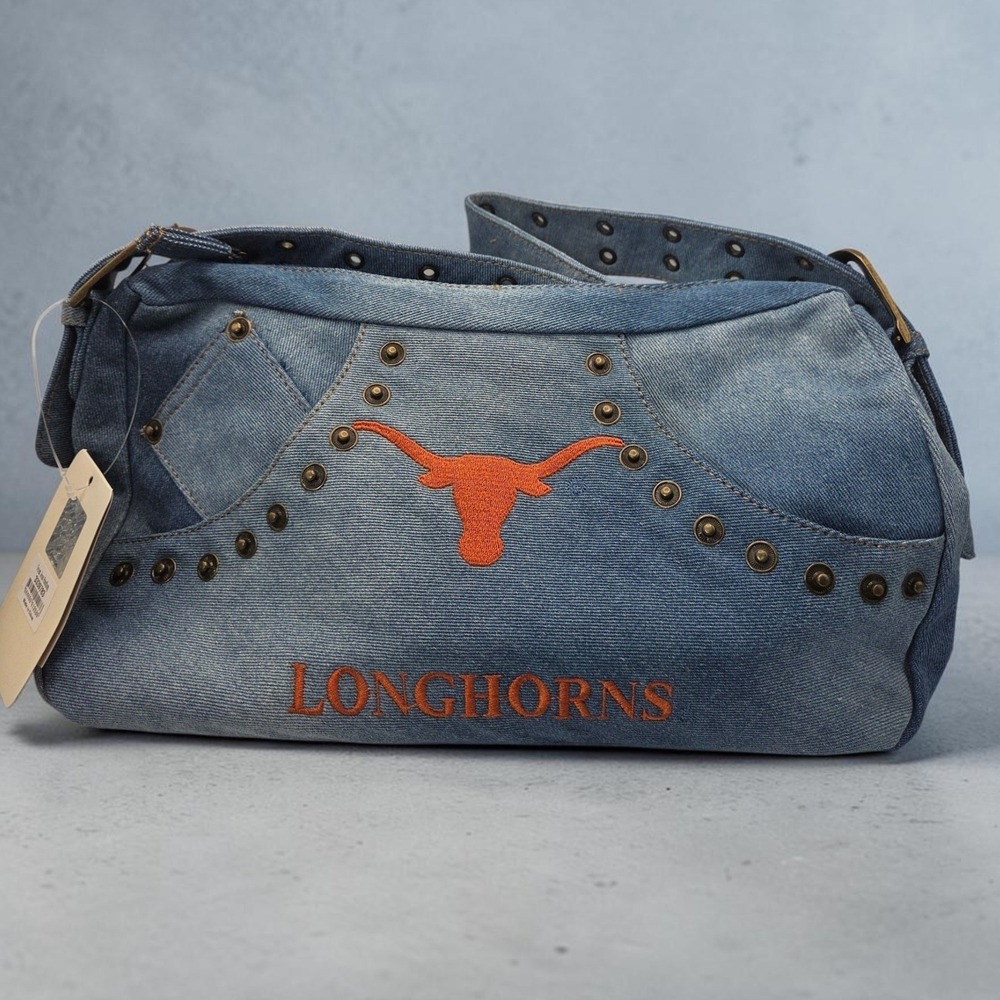 University of Texas Longhorns Denim Shoulder Bag Studded Blue Orange Western
